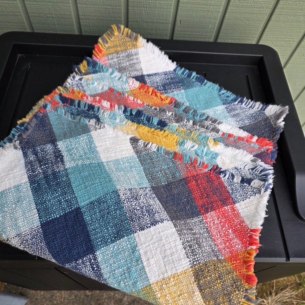 Placemats Set of 6 Multicolor Plaid Fringed Woven Cotton Blue Orange Yellow